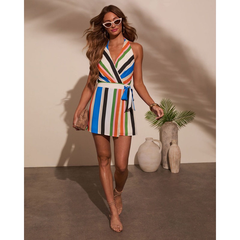 Coast To Coast Striped Wrap Tie Romper