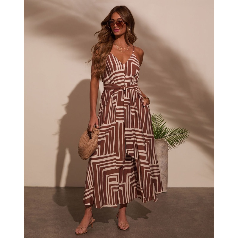 Daylight Drift Geo Print Waist Tie Midi Dress