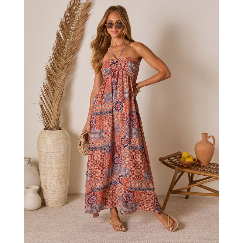 Eliora Tropical Print Halter Maxi Dress