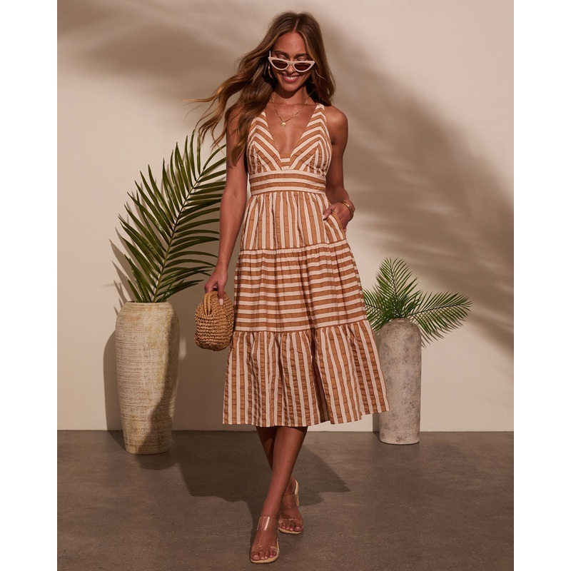 Elly Striped V Neck Midi Dress