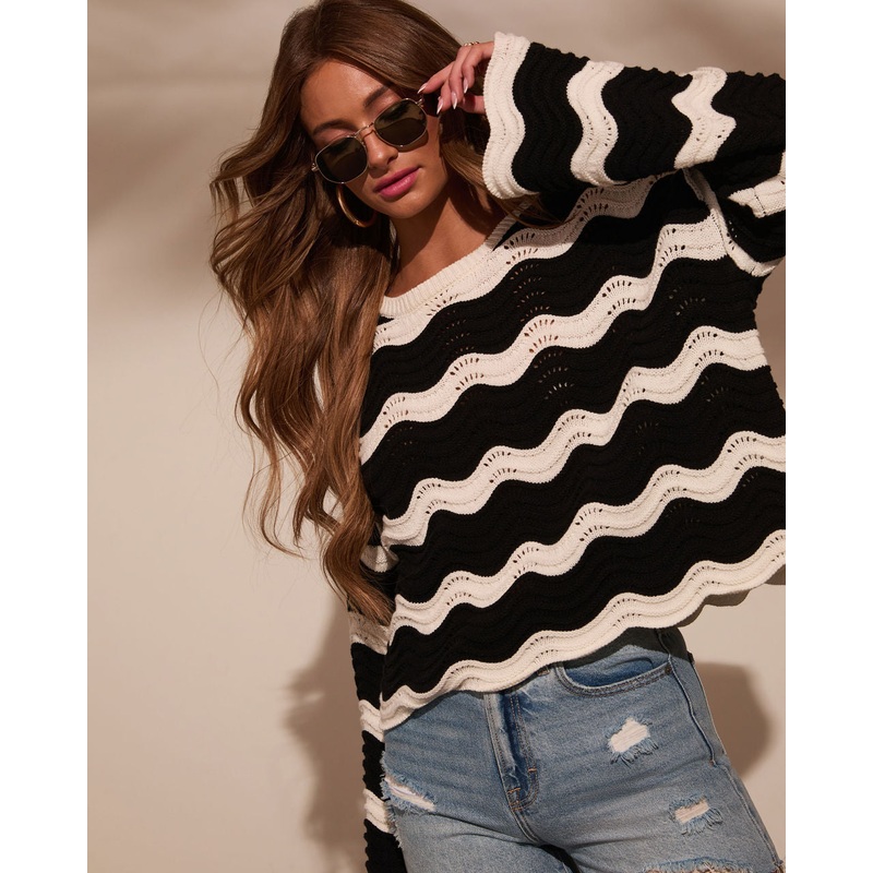 Janerio Wavy Striped Crochet Sweater