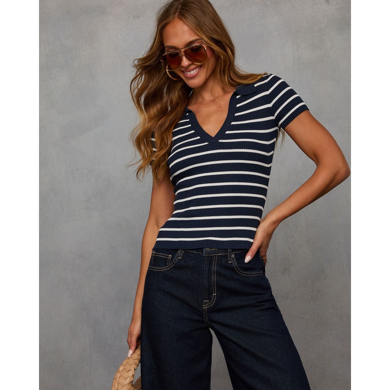 Savie Striped Collar Shirt|Navy|S|M|L