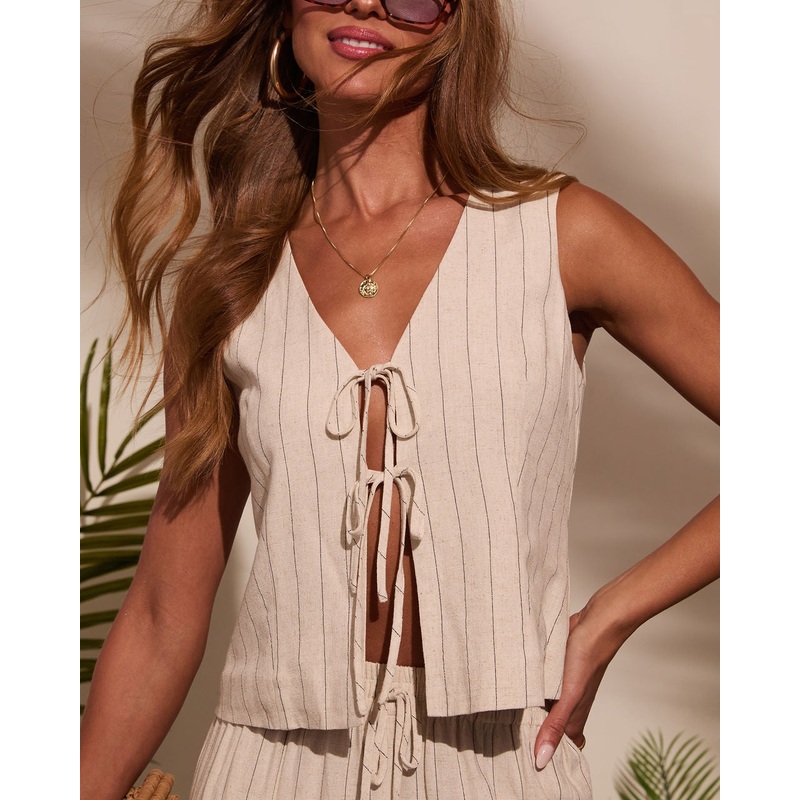Tippie Front Tie Linen Pinstripe Top