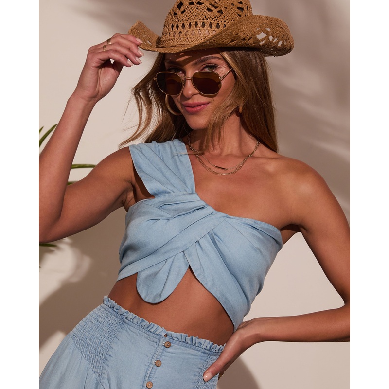 Briena Chambray One Shoulder Crop Top
