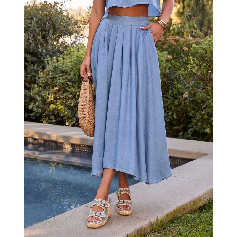 Iris Pleated Chambray Maxi Skirt