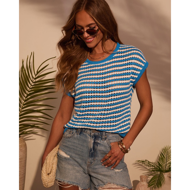 Lillah Striped Knit Top|Blue|Light Khaki|XS|S|M|L|XL