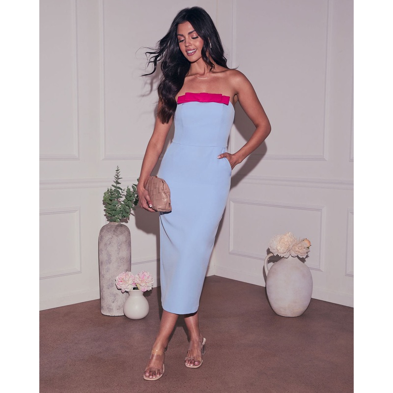 Reana Contrast Bow Midi Dress|Powder Blue|XS|S|M|L|XL