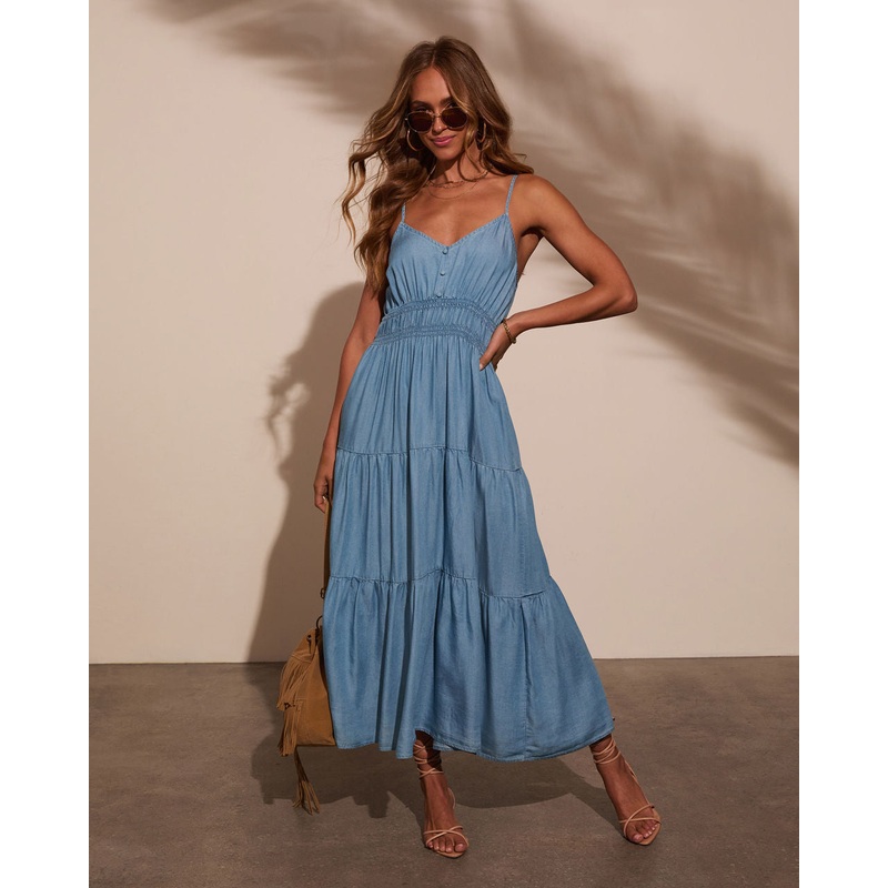 Simonah Tiered Midi Dress|Chambray|S|M|L