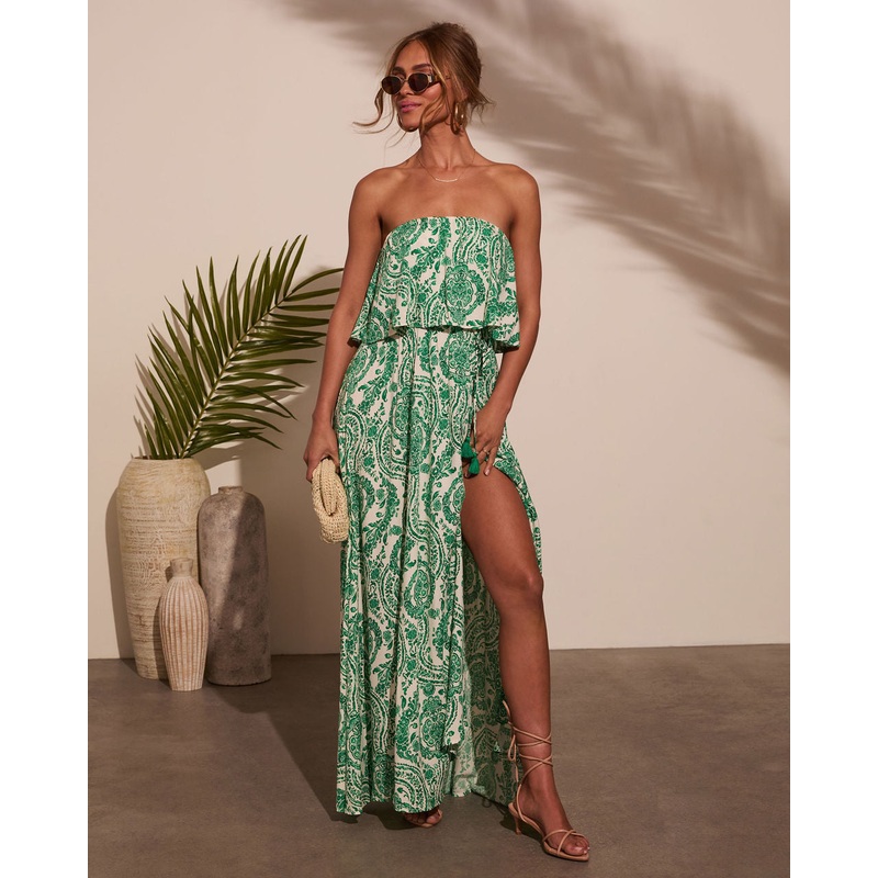 Elsa Paisley Maxi Dress|White/Green|S|M|L