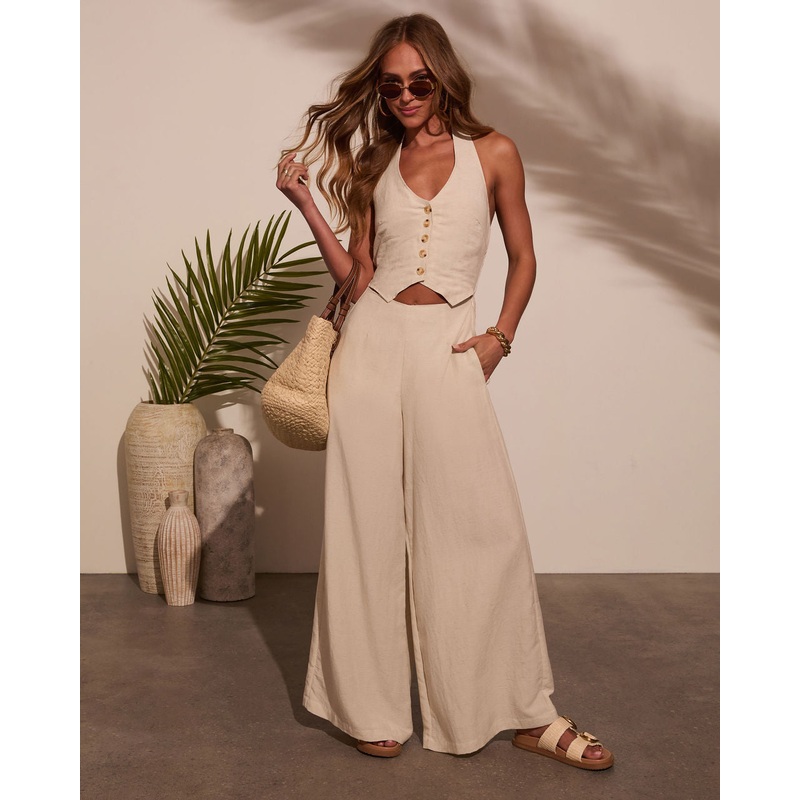 Katelyn Linen Vested Jumpsuit|Oatmeal|Taupe|XS|S|M|L|XL