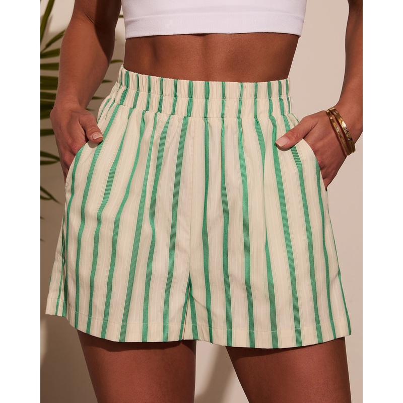 Peyton Striped Poplin Shorts|Cream/Green|S|M|L