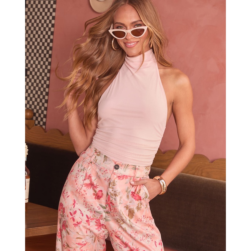 Rayne Ruched Mesh Halter Top|Rose|XS|S|M|L|XL