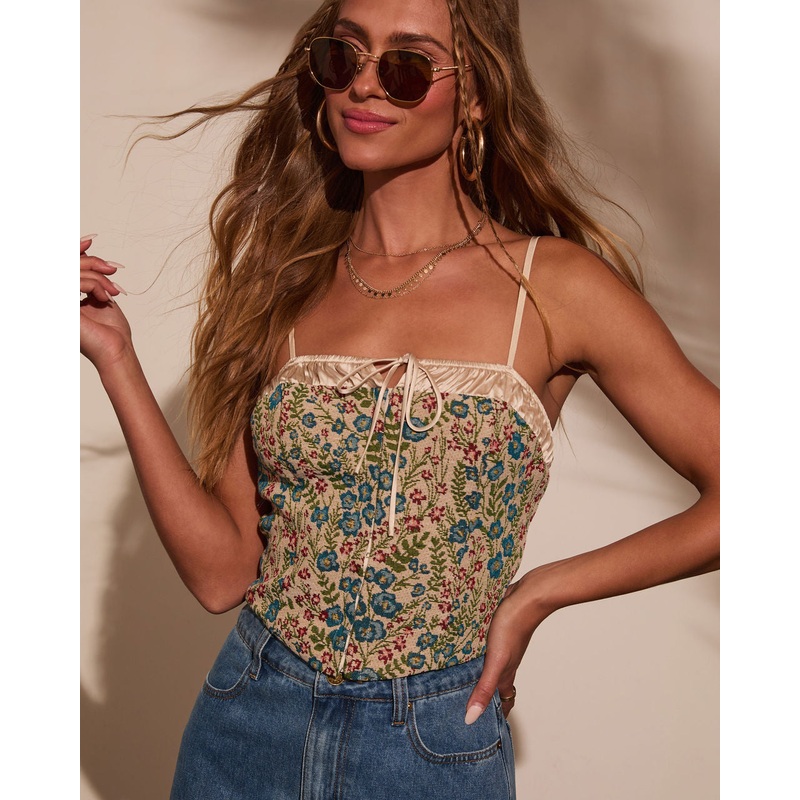 Rema Floral Bustier Metallic Trim Top