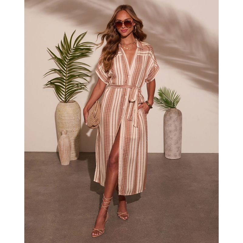 Falling Sun Striped Midi Shirt Dress