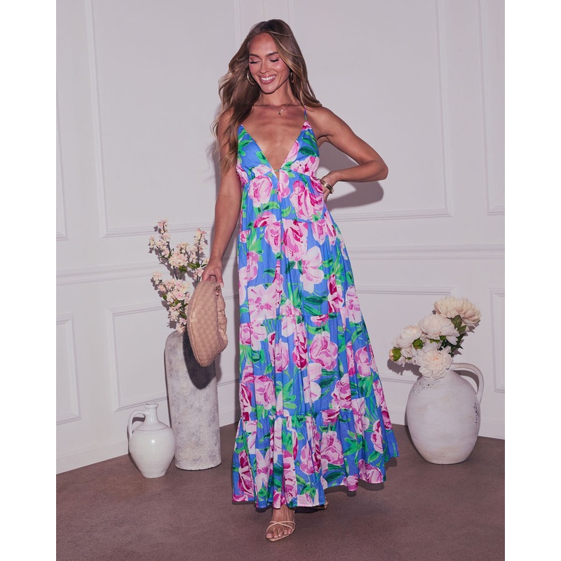 Flower Fancies Plunging Floral Maxi Dress