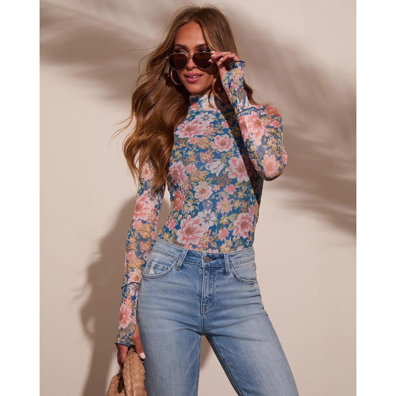 Janey Mesh Mock Neck Top|Blue Floral|S|M|L
