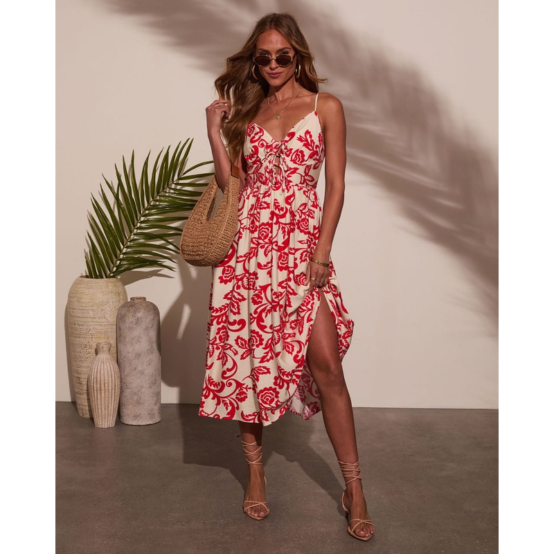 Lucie Abstract Midi Dress|Light Sand/Red|S|M|L