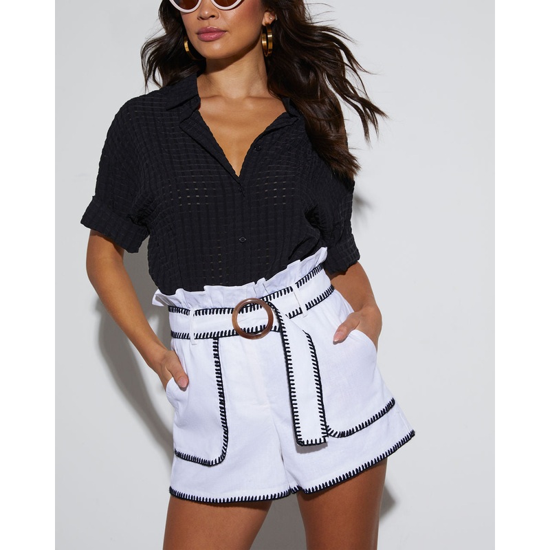 Miko Linen Contrast Belted Shorts