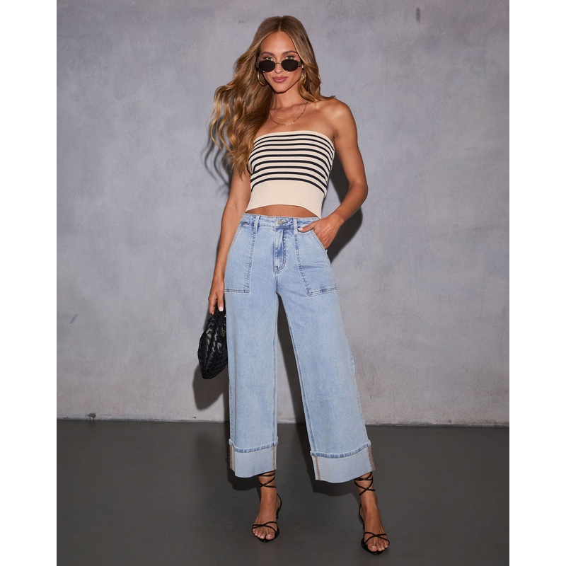 Naida Stretch Wide Leg Cuffed Jeans