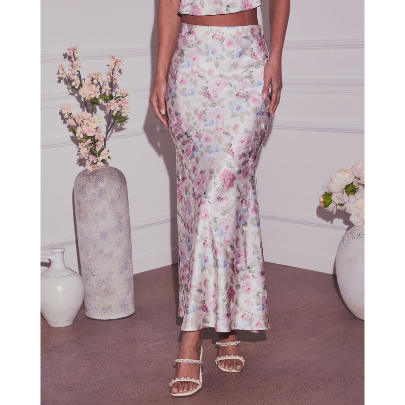 Tea For Two Floral Satin Maxi Skirt