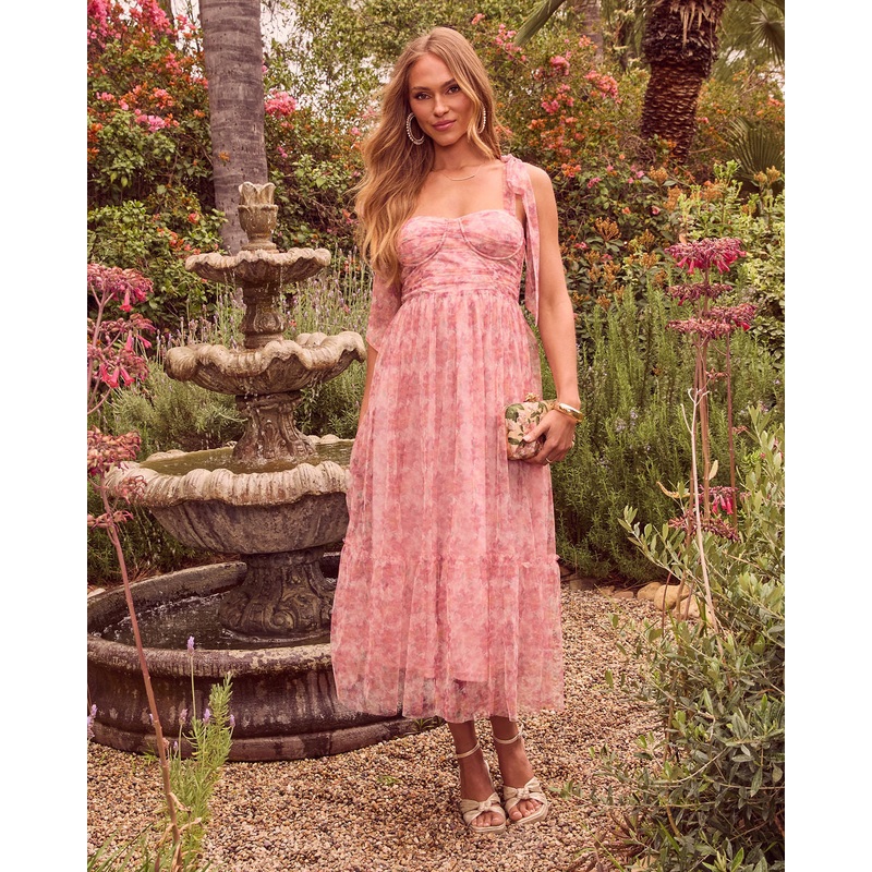Viah Floral Tulle Midi Dress|Mauve|XS|S|M|L|XL