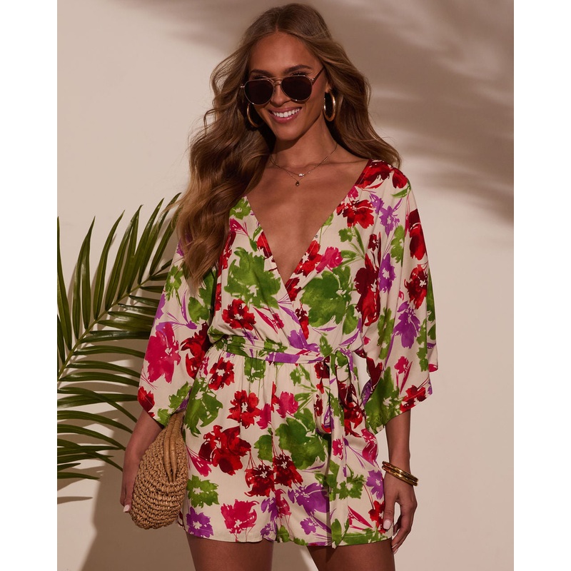 Ariella Kimono Sleeve Romper|Red Print|S|M|L