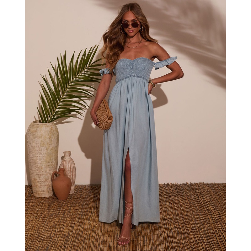 Benitta Off The Shoulder Chambray Maxi Dress