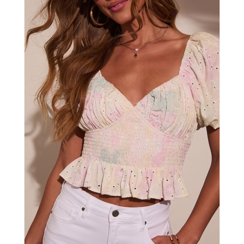 Cotton Candy Skies Smocked Eyelet Puff Sleeve Top