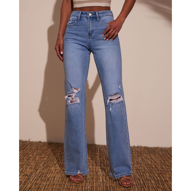 Katie Stretch Distressed Wide Leg Jeans