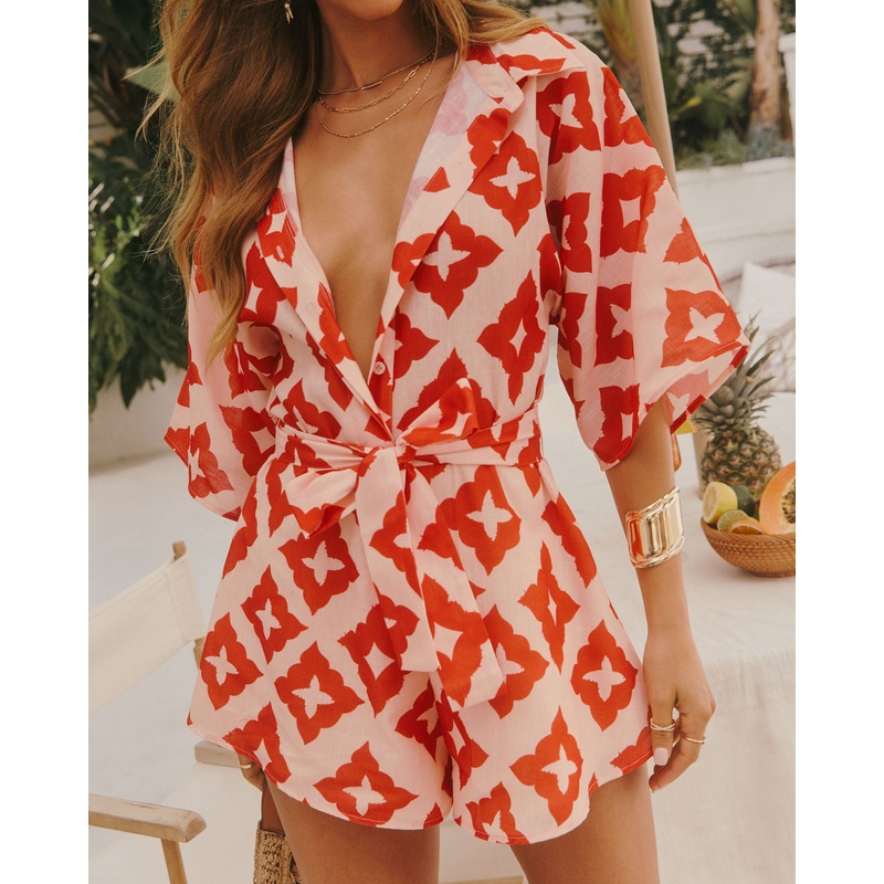 Santa Maria Abstract Waist Tie Romper