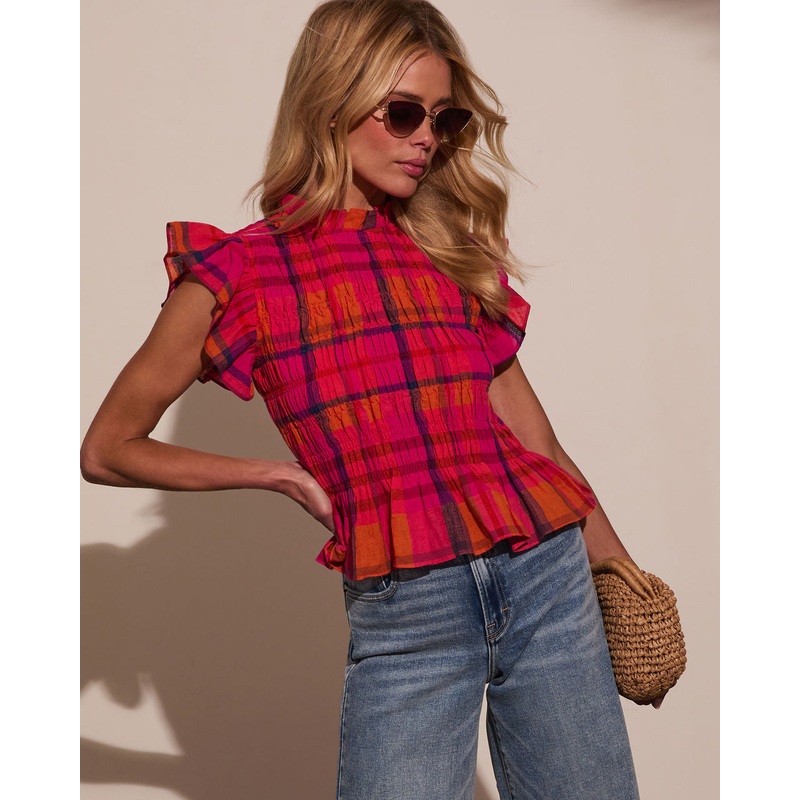 Starla Smocked Plaid Top|Pink Multi|XS|S|M|L|XL