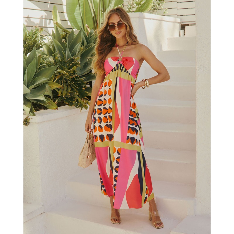 Till Sunset Abstract Halter Maxi Dress