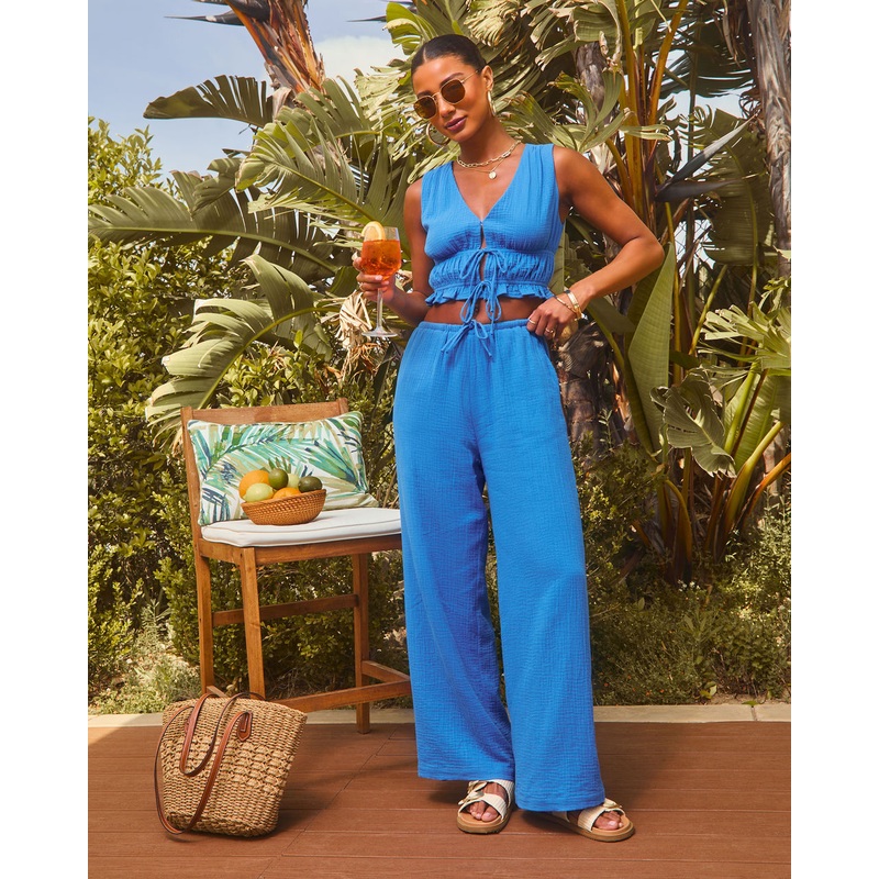 Alinah Smocked Front Tie Top|Blue|XS|S|M|L|XL