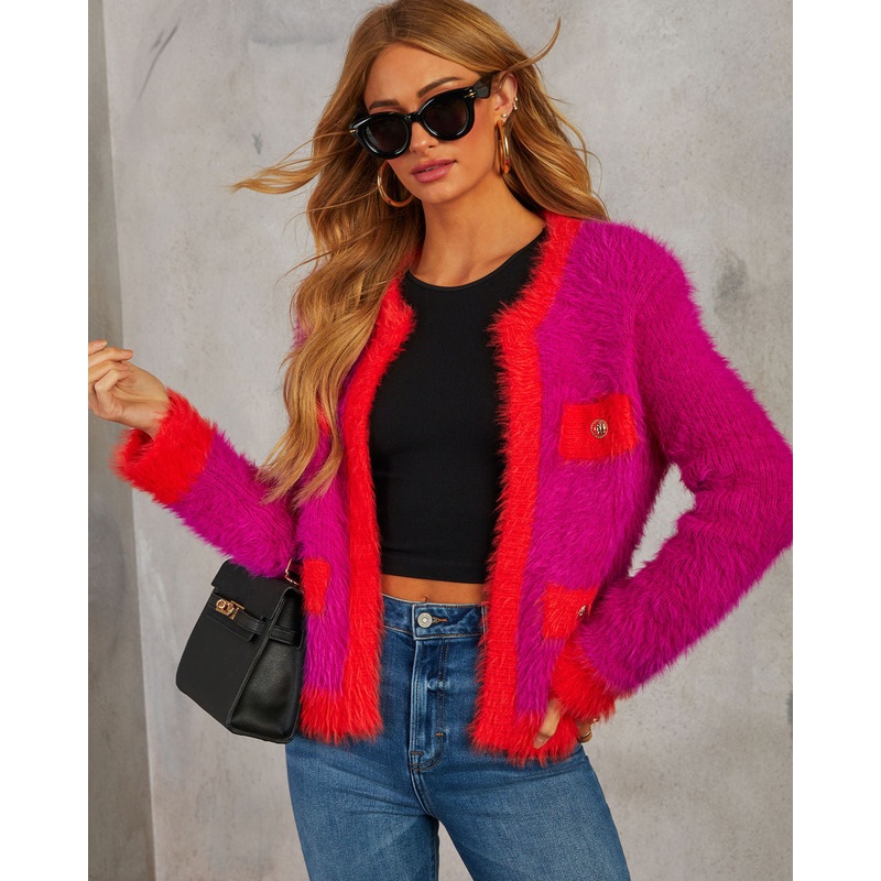 As If Fuzzy Two Tone Cardigan|Fuchsia/Multi|XS|S|M|L|XL