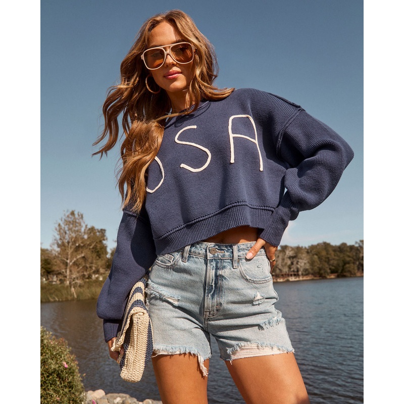 Elouise Cropped USA Crewneck Sweater