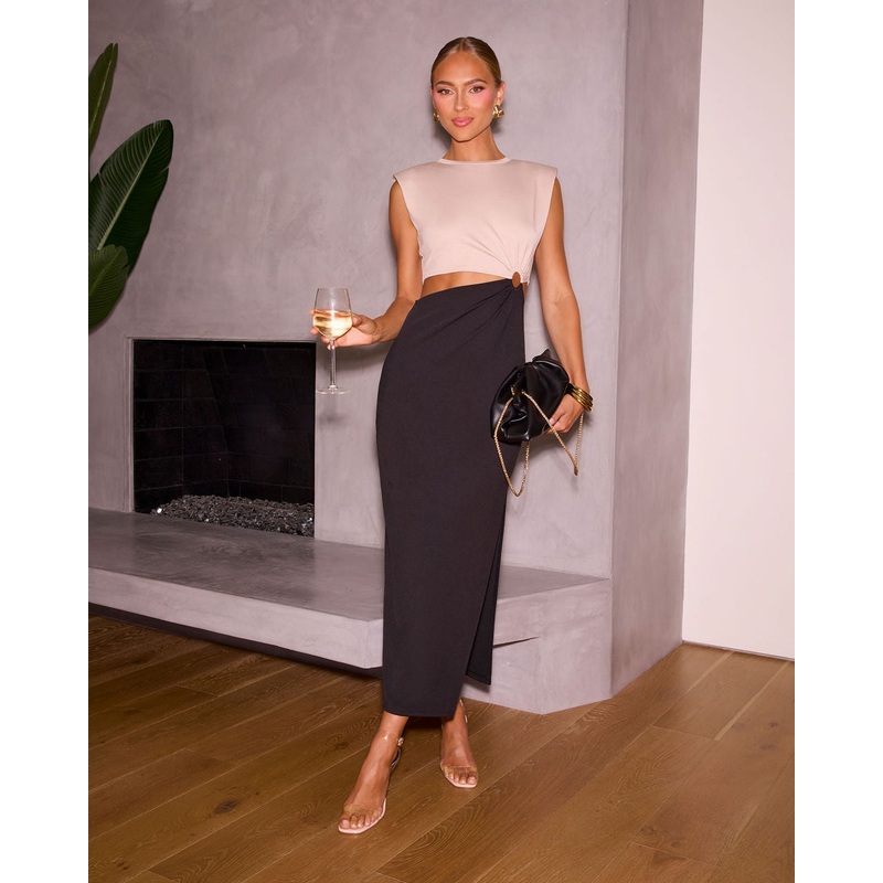 Garcella Cut Out Maxi Dress|Taupe/Black|White/Taupe|XS|S|M|L|XL