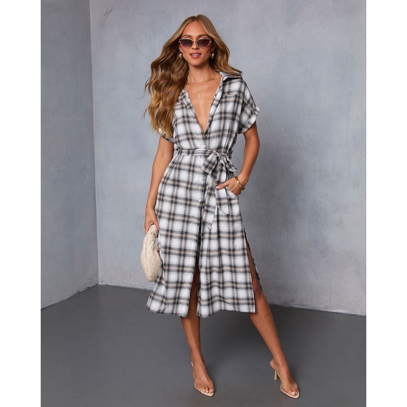 Janai Plaid Waist Tie Midi Shirt Dress
