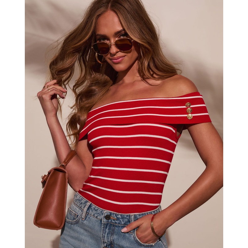 Strawberry Tide Striped Off The Shoulder Top