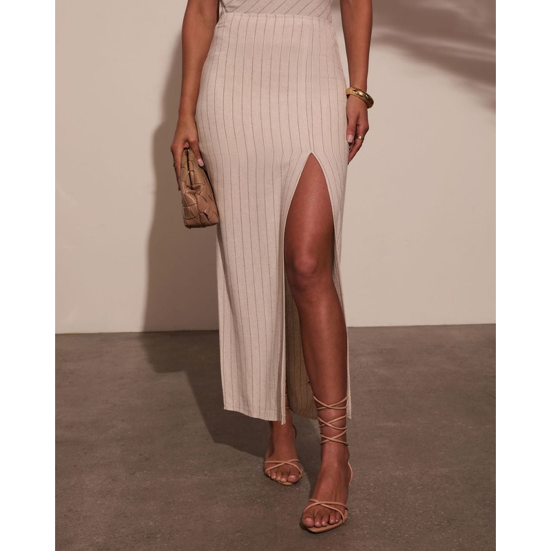 Tinslie Striped Linen Midi Skirt