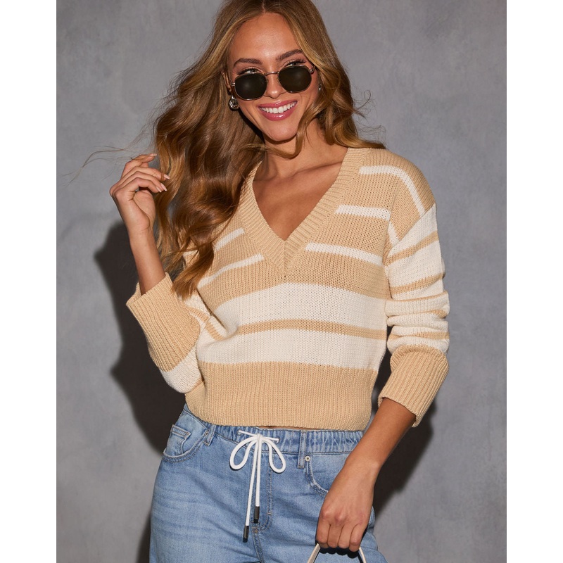 Wendie Striped V Neck Sweater|Tan/Ivory|XS|S|M|L|XL
