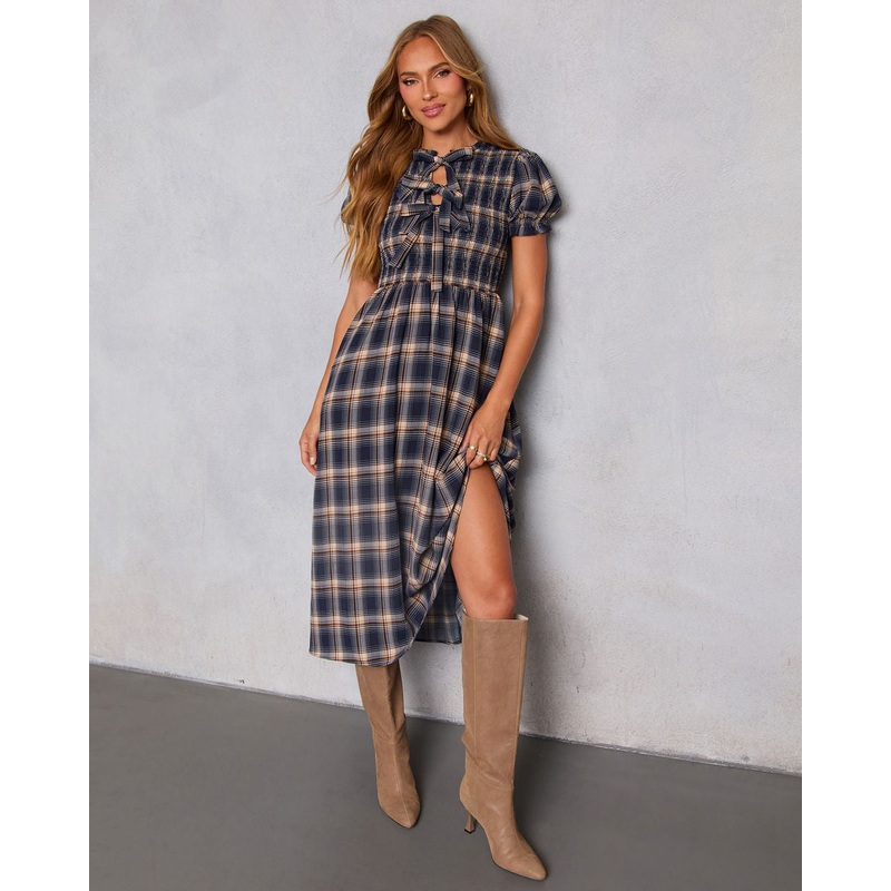 Charlisa Plaid Puff Sleeve Midi Dress