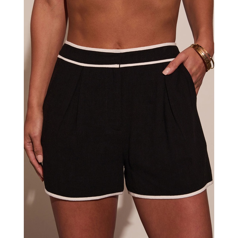 Edie Contrast Linen Shorts|Black|Natural|S|M|L