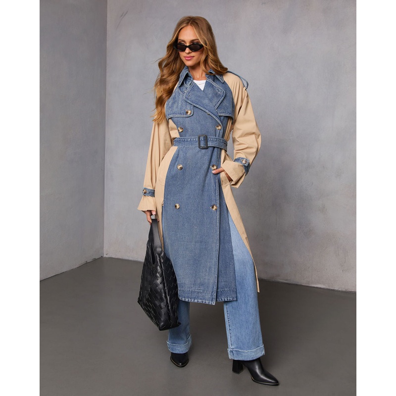 Fallen Oak Color Block Denim Trench Coat