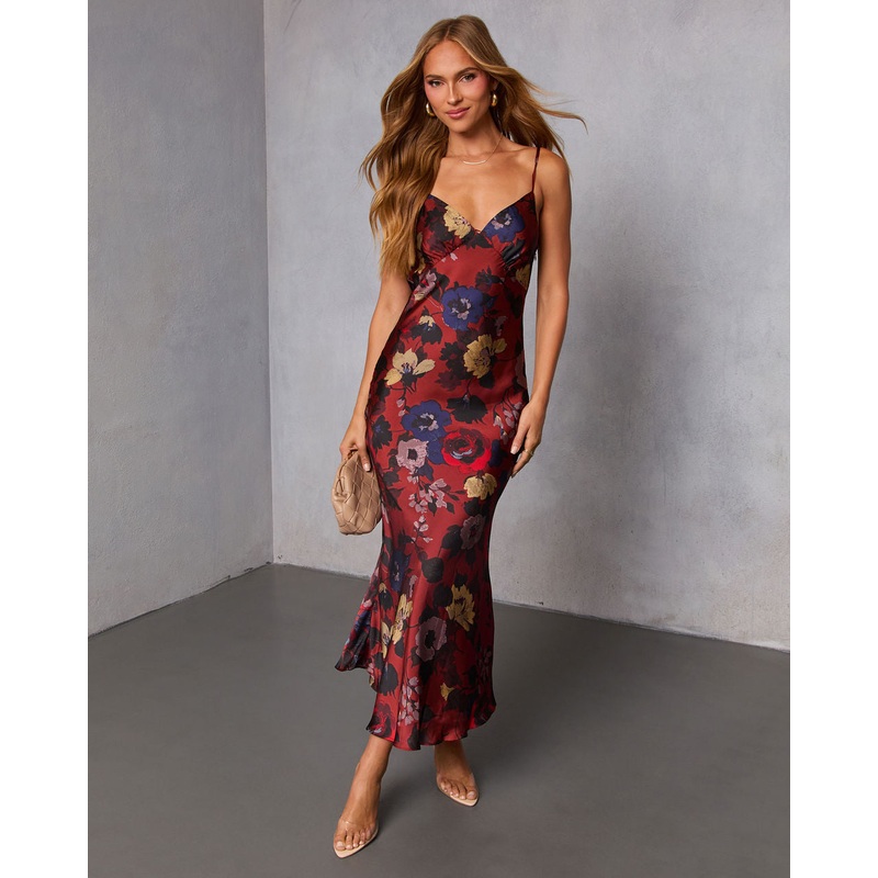 Golden Garden Slip Midi Dress|Wine Floral|S|M|L