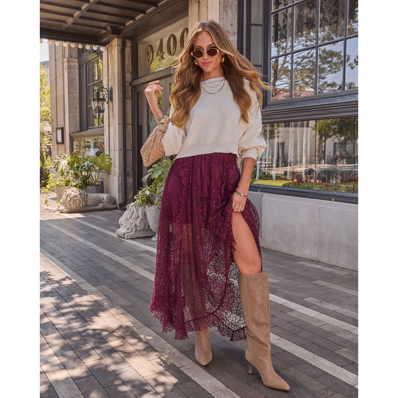 Mulled Wine Lace Midi Skirt|Burgundy|XS|S|M|L|XL