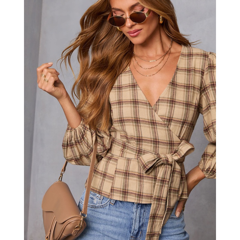 Nalena Plaid Wrap Blouse|Taupe Plaid|S|M|L