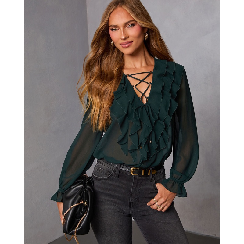 Prunella Ruffle Lace Up Top|Emerald|Wine|S|M|L