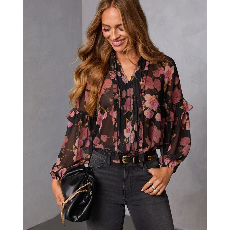 Siana Ruffle Chiffon Top|Black Floral|S|M|L