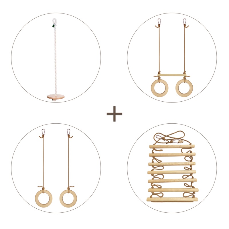 4in1 Swings Set: Rope ladder + Gymnastic rings + Disc swing + Trapeze bar with rings