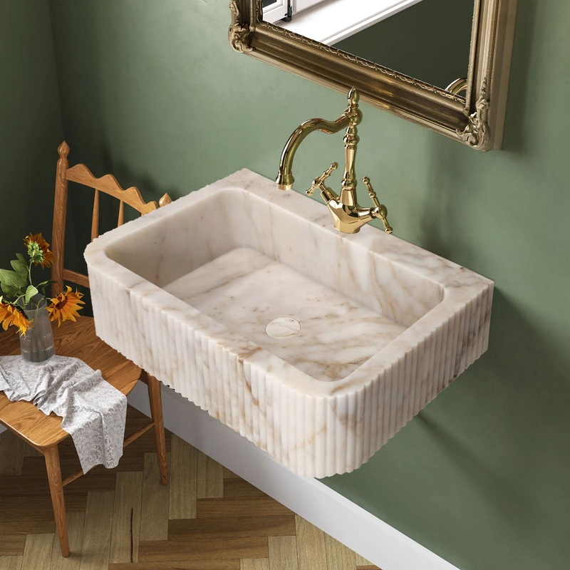 Calacatta Gold Marble Wall-mount Bathroom Vanity Sink Fluted (W)18 (L)30 (H)8